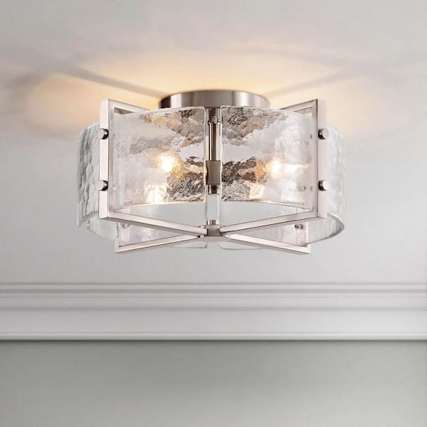 Iris 16.5 in. 4-Light Antique Nickel Flush Mount with Textured Glass Panels Shade