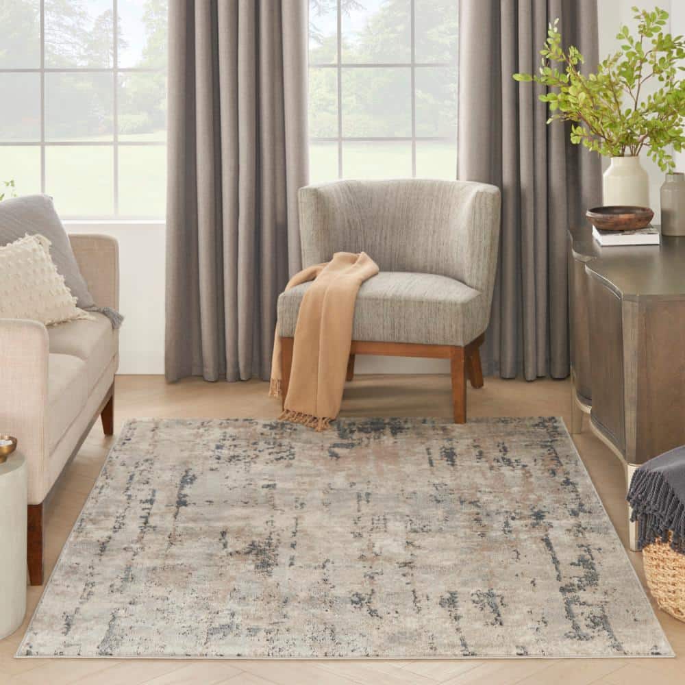 Beige Grey Abstract Synthetic 5' x 7' Reversible Rug