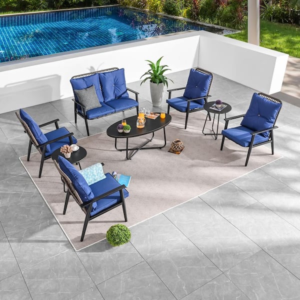 TOP HOME SPACE 8-Pieces Metal Patio Conversation Set with Blue Cushions