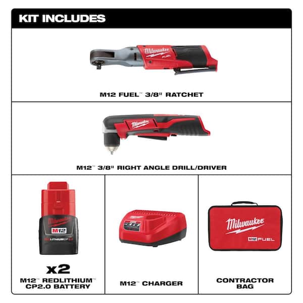 M12 FUEL 12V Lithium-Ion Brushless 3/8 in. Cordless Ratchet Kit w (2) 2. 0Ah Batteries, Charger, Bag & Right Angle Drill