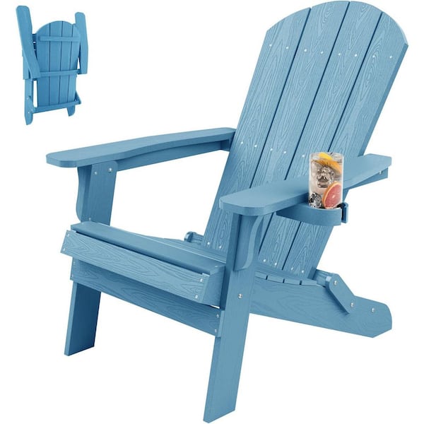 Light Blue Plastic Outdoor Folding Adirondack Chair with Cup Holder