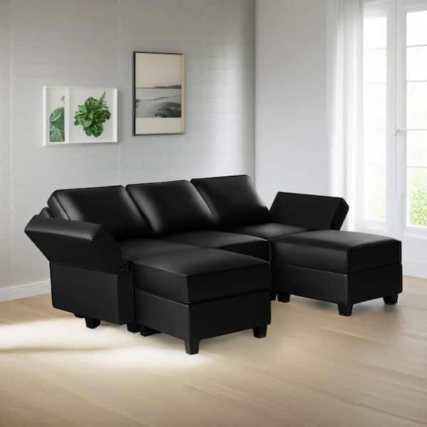 87.01 in. W Faux Leather Sofa with Double Ottoman Streamlined Comfort for Your Sectional Sofa in Black