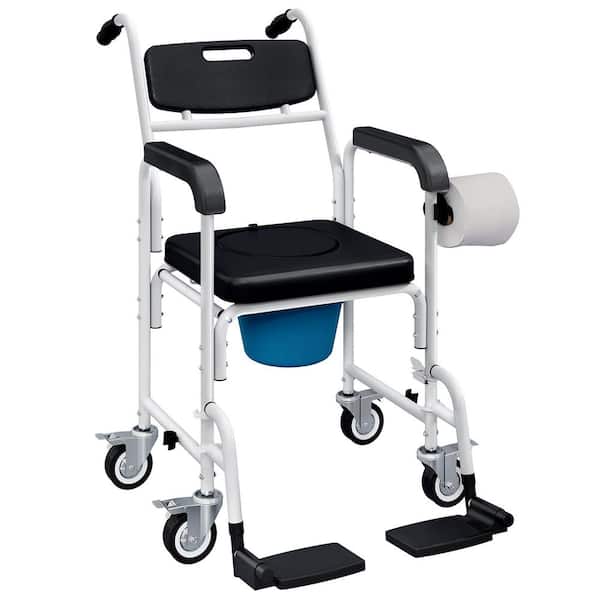 Aluminum Shower Wheelchair, Commode Wheeled Chair with Seat, Backrest, Locking Wheels, Black