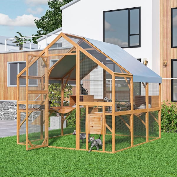 Large Wooden Outdoor Cat House, Cat Run Enclosure Walk in Cat Catio Kitten Condo with Enter Door, Log, 74.4 x 82.5 x 74
