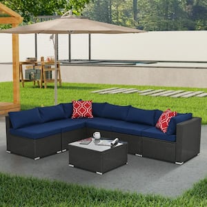 Modern and Comfortable 7-Piece Metal Wicker Outdoor Sectional Set with Dark Blue Cushions