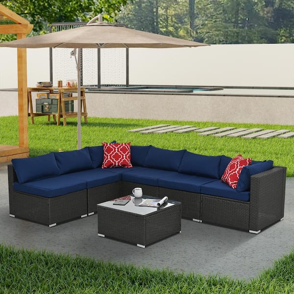 Zeus & Ruta Modern and Comfortable 7-Piece Metal Wicker Outdoor Sectional Set with Dark Blue Cushions