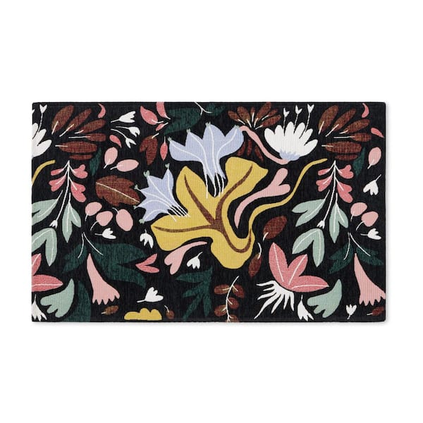 TOWN & COUNTRY LIVING Luxe Livie Floral Drip Black 24 in. x 40 in. Machine Washable Kitchen Mat
