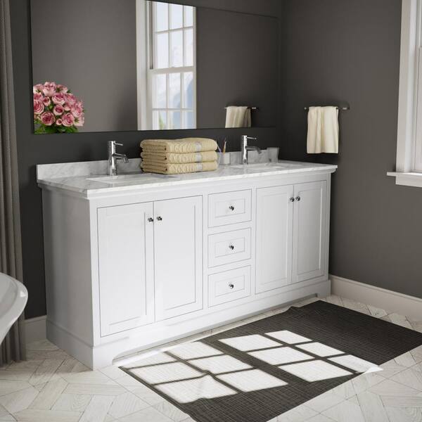 Sandon 72 in. W x 22 in. D Bath Vanity in White with Marble Vanity Top in Carrara White with White Basin