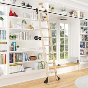 8 ft. Maple Library Ladder (9 ft. Reach) Black Rolling Ladder Kit with 12 ft. Rail and Horizontal Brackets