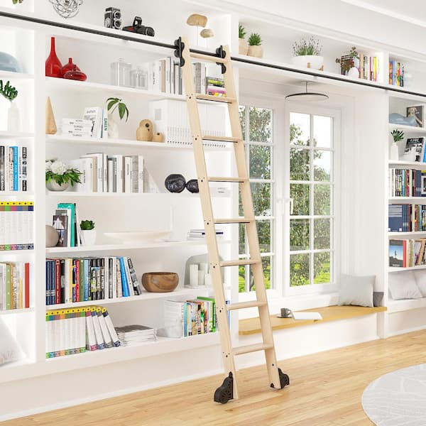 Quiet Glide 8.06 ft. Maple Library Ladder (9 ft. Reach) Black Rolling Ladder Kit with 12 ft. Rail and Horizontal Brackets