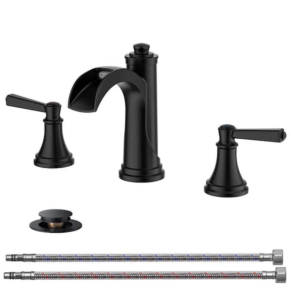 8 in. Widespread Double Handle Mid-Arc Bathroom Faucet with Metal Pop-up Drainin Matte Black