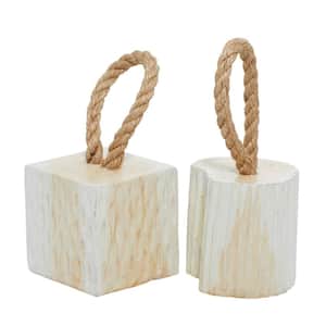 White Teak Wood Handmade Door Stopper Geometric Sculpture with Rope Accent (Set of 2)
