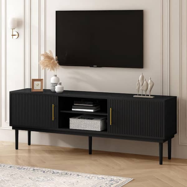CHRISTOPHER KNIGHT HOME Valentino Modern Black MDF TV Stand Fits TV's up to 79 in. Entertainment Center with Sliding Door, Solid Wood Legs