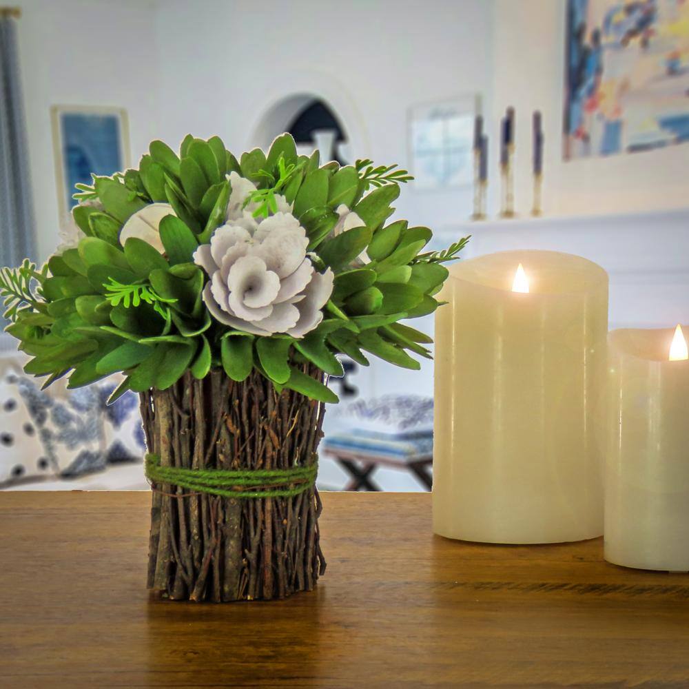9" Rustic Cream Floral Bundle with Green Twine