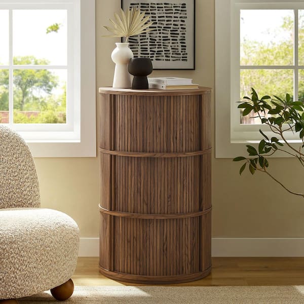 Clement 22.8 in. Wood Round Pedestal Stand Storage Table With Sliding Tambour Doors in Walnut Brown