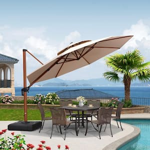 12 ft. Octagon High-Quality Wood Pattern Aluminum Cantilever Polyester Patio Umbrella with Stand, Beige