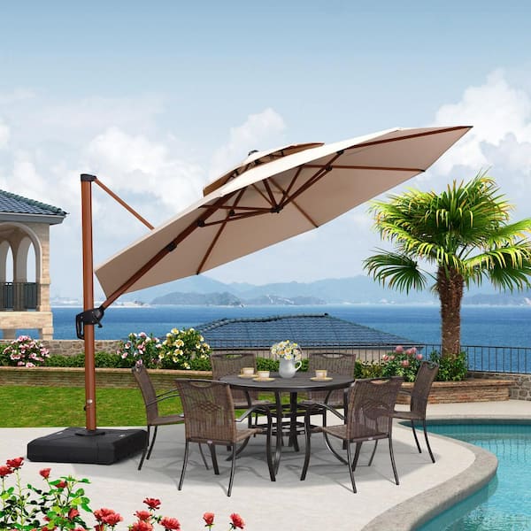 PURPLE LEAF 12 ft. Octagon High-Quality Wood Pattern Aluminum Cantilever Polyester Patio Umbrella with Stand, Beige