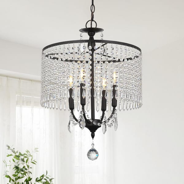 pasentel Modern 17 in. 4-Light Matte Black Glam Crystal Drum Shade Chandelier for Dinning Room, Kitchen Island, Foyer