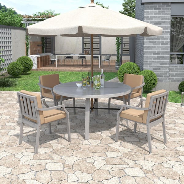 5-Piece Antique Gray Wood Outdoor Dining Set with an Umbrella Hole and Removable Cushions for Patio, Backyard, Garden
