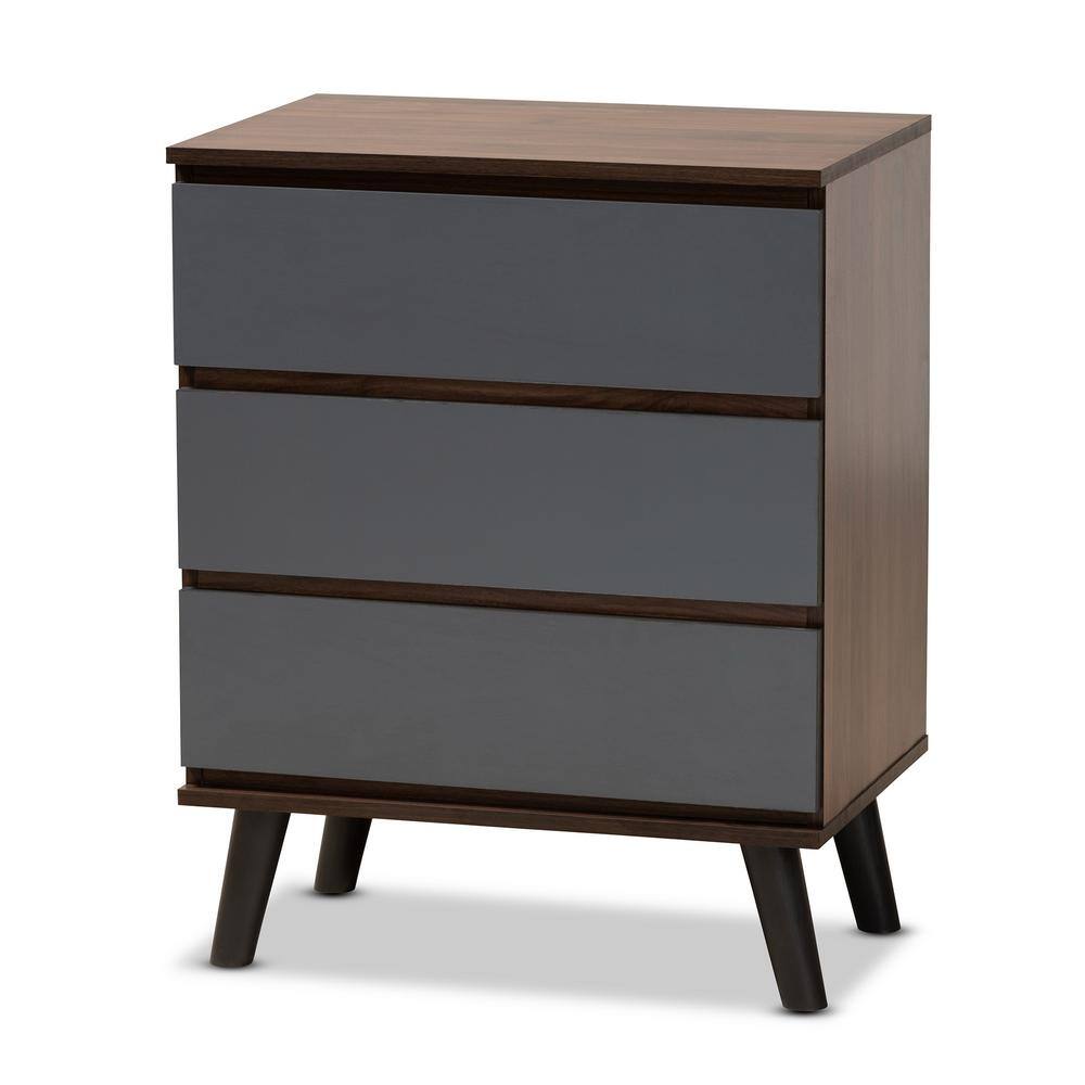 Mid-Century Walnut and Gray 3-Drawer Bedroom Chest