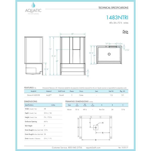 Aquatic - Remodeline 48 in. x 34 in. x 72.8 in. 3-Piece Shower Stall with Center Drain in White