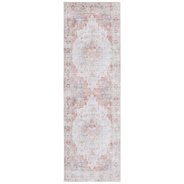SAFAVIEH Tuscon Light Gray/Rust 3 ft. x 14 ft. Machine Washable Floral Distressed Runner Rug