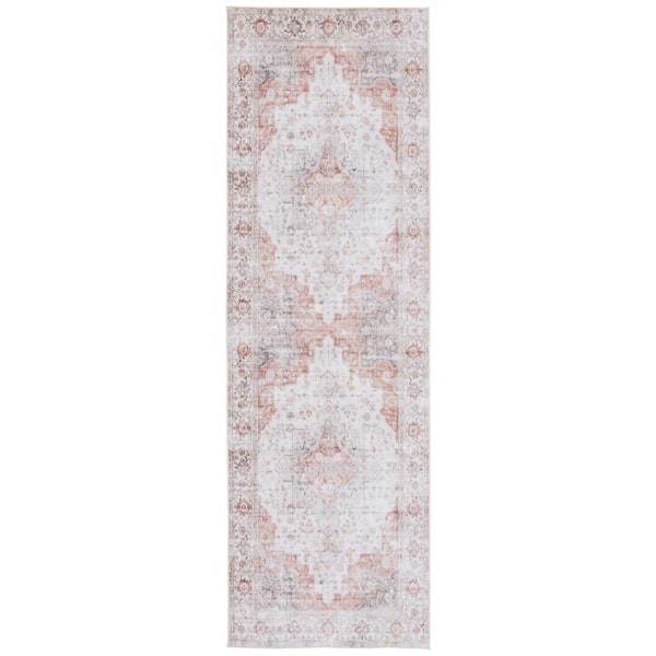 SAFAVIEH Tuscon Light Gray/Rust 3 ft. x 16 ft. Machine Washable Floral Distressed Runner Rug