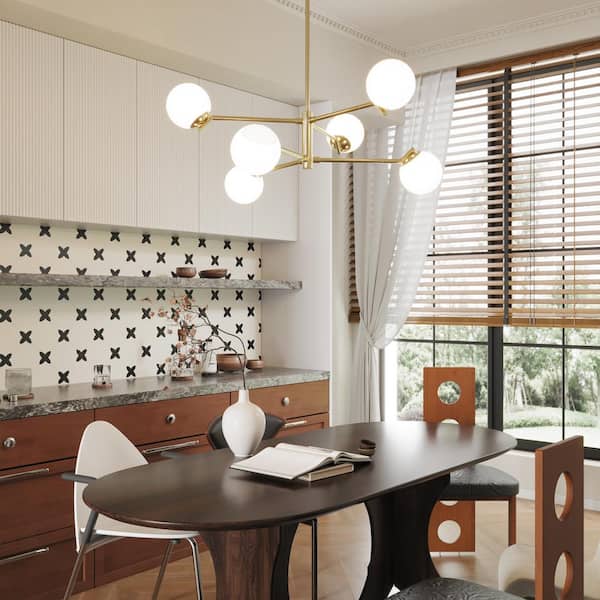 6-Light Gold Sputnik Chandelier with Milk White Glass Shade