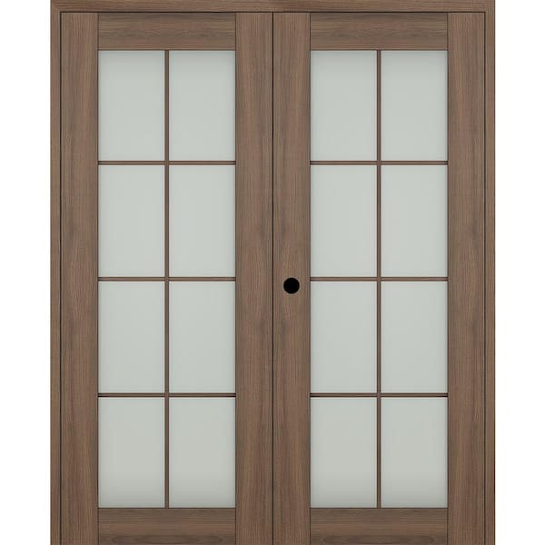 Vona 64"x 80" Right Hand Active 8-Lite Frosted Glass Pecan Nutwood Wood Composite Double Prehung French Door