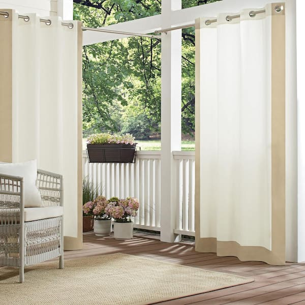 Waverly Hampton Linen Border Pattern Polyester 52 in. W x 95 in. L Light Filtering Single Outdoor Grommet Panel