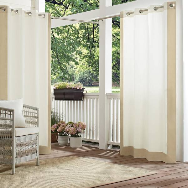 Waverly Hampton Linen Border Pattern Polyester 52 in. W x 108 in. L Light Filtering Single Outdoor Grommet Panel