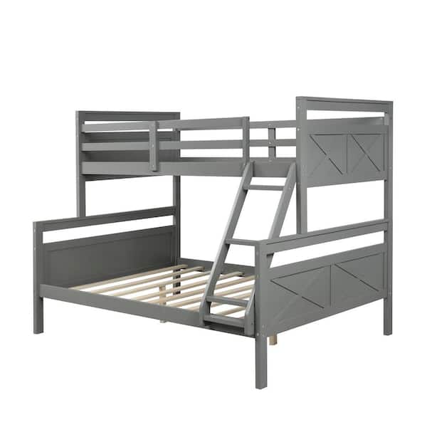 Gray Twin Over Full Bunk Bed with Ladder and Safety Guardrail, Detachable Wood 2 Kids Bunk Bed Frame