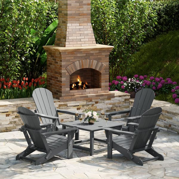 Laguna Gray Plastic Weather Resistant Adirondack Chair 5-Piece Outdoor Patio Conversation Set, Square Coffee Table
