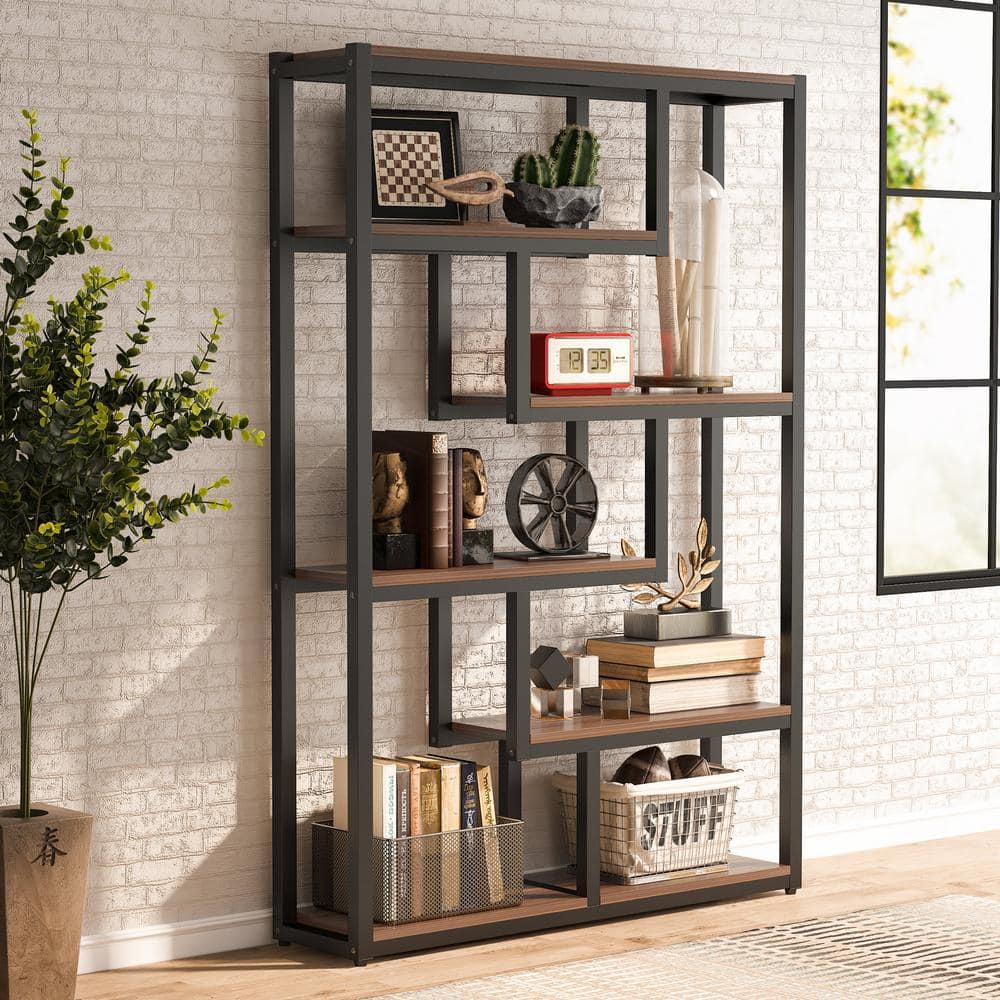 69" Walnut and Black Industrial 6-Tier Bookshelf with Staggered Shelves