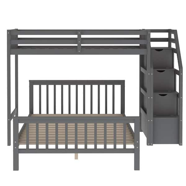 Harper & Bright Designs Gray Twin Over Full Loft Bed with Storage 