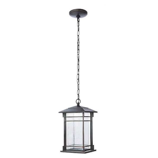 Home Decorators Collection Oil Rubbed Bronze LED Outdoor Pendant Light Fixture with Seeded Glass