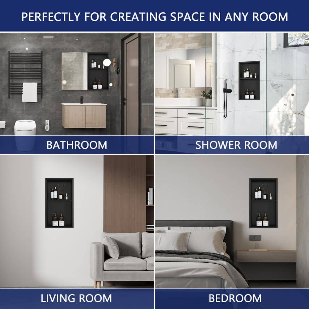 Matte Black Stainless Steel Wall Mount Shower Niche with Double Shelf
