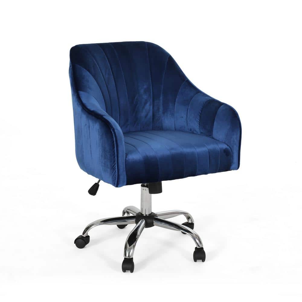 Navy Blue Velvet Swivel Office Chair with Chrome Base