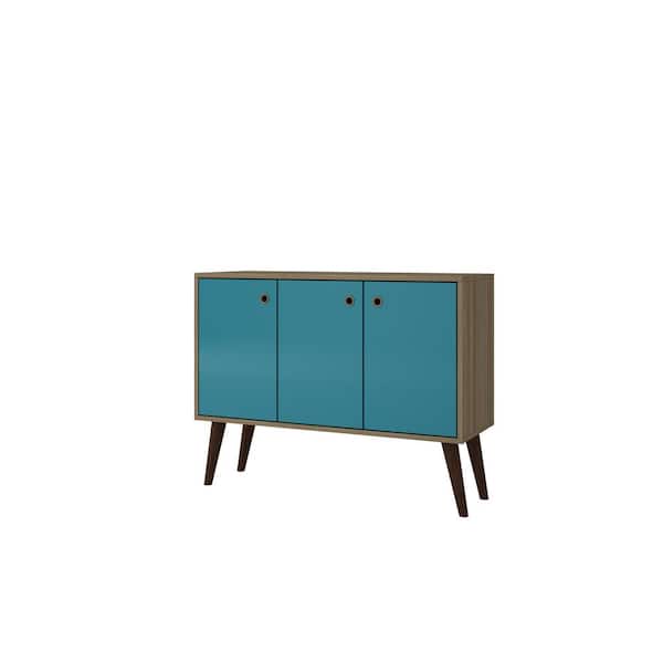 Manhattan Comfort Bromma 35.43 in. Oak and Aqua Buffet Stand with 3-Shelves and 3-Doors