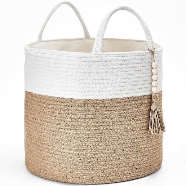 Brown And White Round Jute Woven Storage Basket with Handle