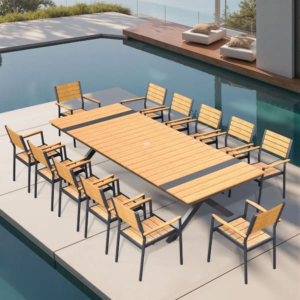 Brown 13-Piece 118 in. Aluminum Wood-Like Rectangular Patio Outdoor Dining Set with Stackable Arm-Chairs, Umbrella Hole