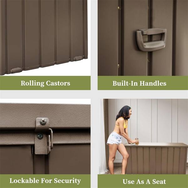 Unbranded - 120 Gal. Dark Brown Metal Deck Box, Outdoor Storage Box with Lockable Lid, Wheels and Handles