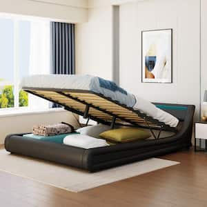 65.7 in. W Black Queen Size Leather Wood and Metal Frame Platform Bed with a Hydraulic Storage System and LED Light