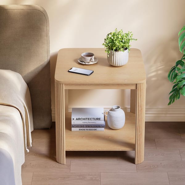 Zoe 22.1 in. Oak Square Wood Top End Side Table with 2-Tier and Vertical Wave Grain Legs