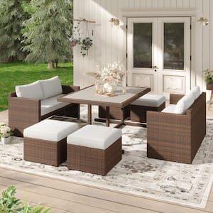 Martinka Brown 7-Piece Wicker Outdoor Dining Set with Tan Cushions