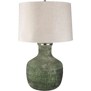 Vila 28 in. Dark Green Indoor Table Lamp with Natural Drum Shaped Shade