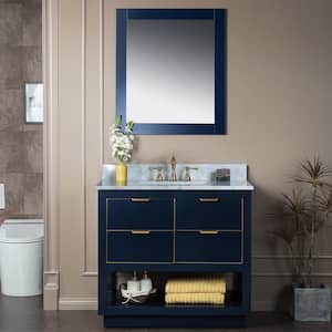 Venice 37 in.W x 22 in.D x 38 in.H Bath Vanity in Navy Blue with Marble Vanity Top in White with White Sink