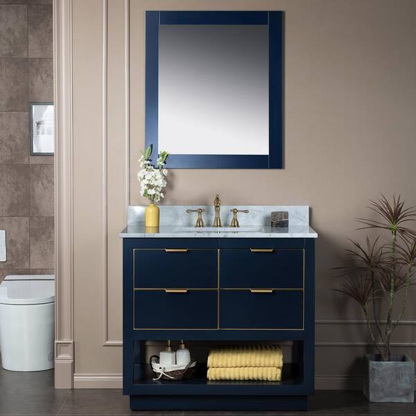 Home Decorators Collection Sturgess 43 in. W x 22 in. D x 35 in. H Single Sink Freestanding Bath Vanity in Navy Blue with Carrara Marble Top