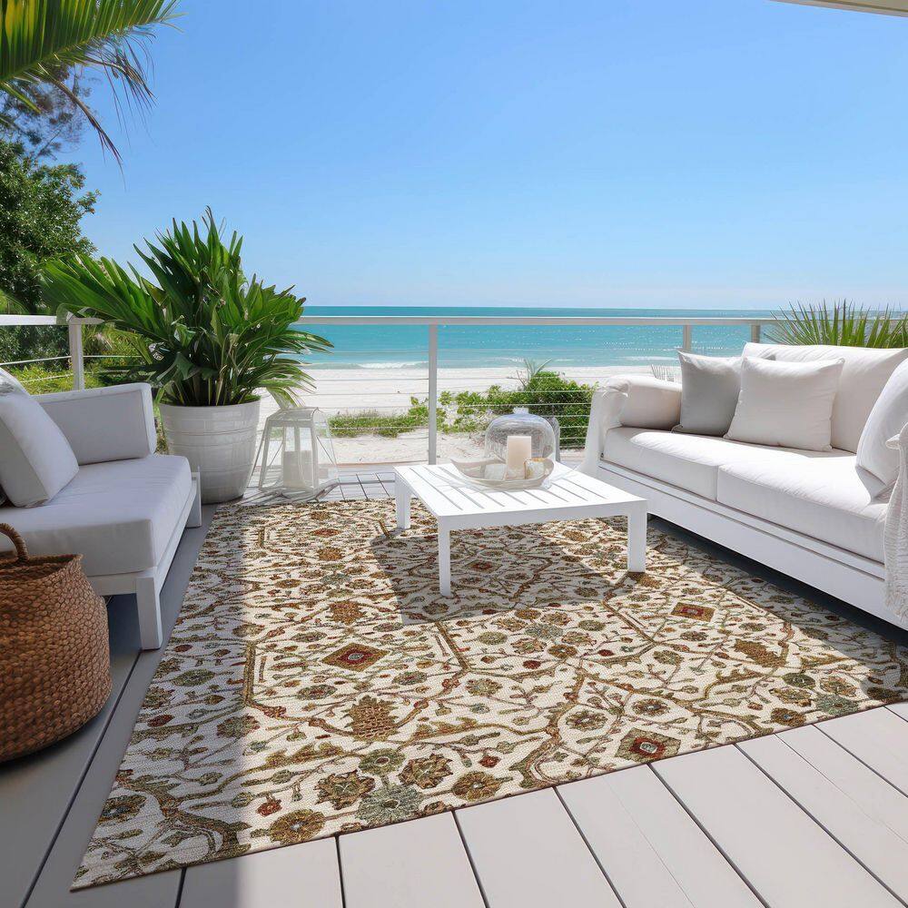 Ivory and Multicolor Synthetic Flat Woven Washable Rug, 5' x 7'