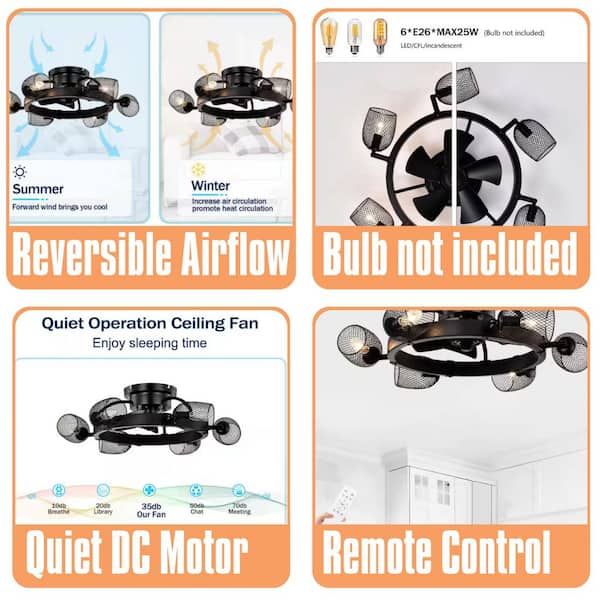 25.8-Inch Black Low Profile Flush Mount Ceiling Fan with Light, DC Motor, Reversible Airflow, Remote Control, Not Bulbs